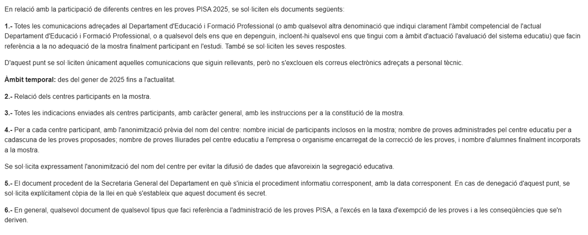 jordiperales's tweet photo. I exactament he demanat la següent informació, que de ben segur està en poder de l'administració. 

Alguns dels punts estan redactats pensant en un futur recurs davant la GAIP, si l'administració no dona resposta o limita l'accés. https://t.co/3gV9uakxZ5