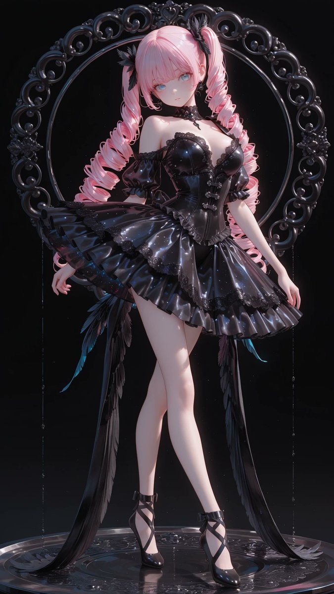 AliceLavli's tweet photo. リクエスト頂いた、漆黒のチュチュドレスの衣装プロンプトをどうぞ✨
professional black swan ballet tutu, deep jet black color scheme, elegant asymmetrical one-shoulder corset bodice, fitted corset with sculpted princess seams, single sheer nude shoulder strap on one side, opposite shoulder fully exposed, ornate black lace appliqués covering the neckline and upper bodice, black sequined embroidery across the bodice, feather embellishments decorating the shoulder and waistline, fitted basque waist, professional pancake tutu, perfectly flat circular multilayer stiff jet black tulle skirt, outer tulle layer embroidered with intricate black swirling lace motifs, layered feather trim encircling the waist, feather-textured tutu edge, luxurious satin, tulle, lace and organza construction, deep jet black satin only on the bodice, deep jet black tulle only on the tutu, obsidian black only on the lace, embroidery, sequins and feathers, nude beige only on the transparent shoulder strap, strict color placement, fixed colors, fixed silhouette