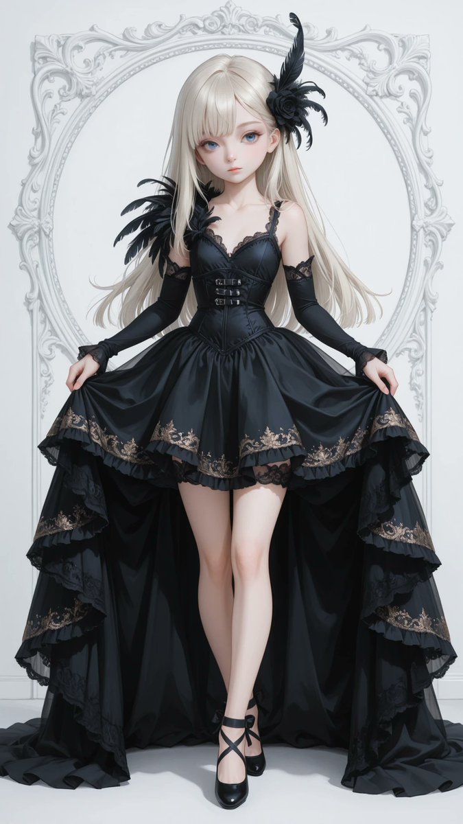 AliceLavli's tweet photo. リクエスト頂いた、漆黒のチュチュドレスの衣装プロンプトをどうぞ✨
professional black swan ballet tutu, deep jet black color scheme, elegant asymmetrical one-shoulder corset bodice, fitted corset with sculpted princess seams, single sheer nude shoulder strap on one side, opposite shoulder fully exposed, ornate black lace appliqués covering the neckline and upper bodice, black sequined embroidery across the bodice, feather embellishments decorating the shoulder and waistline, fitted basque waist, professional pancake tutu, perfectly flat circular multilayer stiff jet black tulle skirt, outer tulle layer embroidered with intricate black swirling lace motifs, layered feather trim encircling the waist, feather-textured tutu edge, luxurious satin, tulle, lace and organza construction, deep jet black satin only on the bodice, deep jet black tulle only on the tutu, obsidian black only on the lace, embroidery, sequins and feathers, nude beige only on the transparent shoulder strap, strict color placement, fixed colors, fixed silhouette