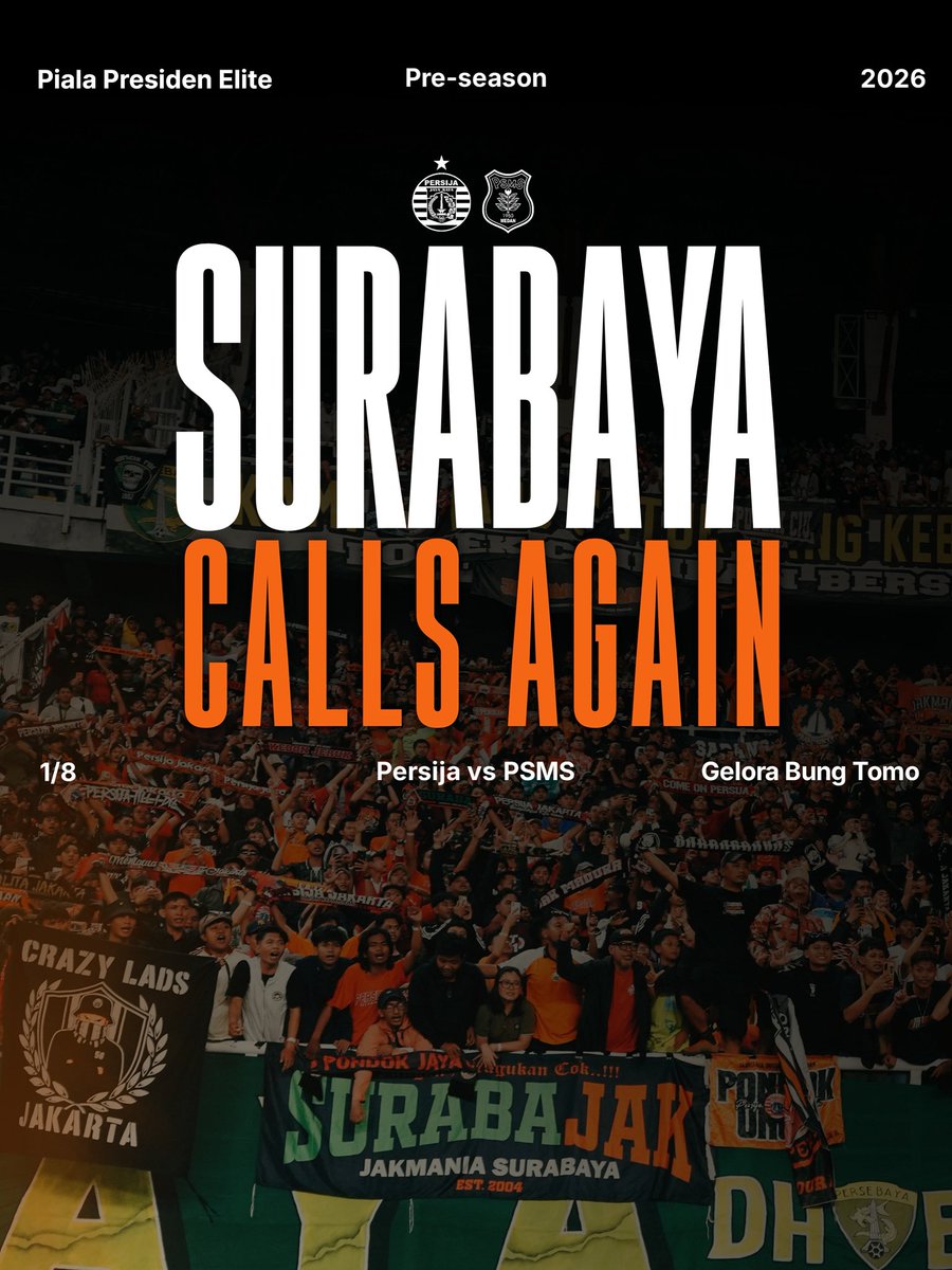 InfokomJakmania's tweet photo. 𝐒𝐔𝐑𝐀𝐁𝐀𝐘𝐀 𝐂𝐀𝐋𝐋𝐒 𝐀𝐆𝐀𝐈𝐍!

Kita kembali mengawal Persija bertandang ke Kota Pahlawan pada pertandingan terakhir Piala Presiden Elite 2026 Grup B melawan PSMS Medan.

Simak informasi pada gambar untuk detail lengkapnya dan segera hubungi narahubung yang tertera.

Biar makin enjoy, 𝘁𝗼𝘂𝗿 𝗸𝗮𝗹𝗶 𝗶𝗻𝗶 𝗸𝗶𝘁𝗮 𝗷𝘂𝗴𝗮 𝗮𝗱𝗮 𝘄𝗶𝘀𝗮𝘁𝗮𝗻𝘆𝗮, Jak!

Kita gas terus buat Persija dan sampai ketemu di Surabaya lagi! 🔥

#InfokomJakmania
