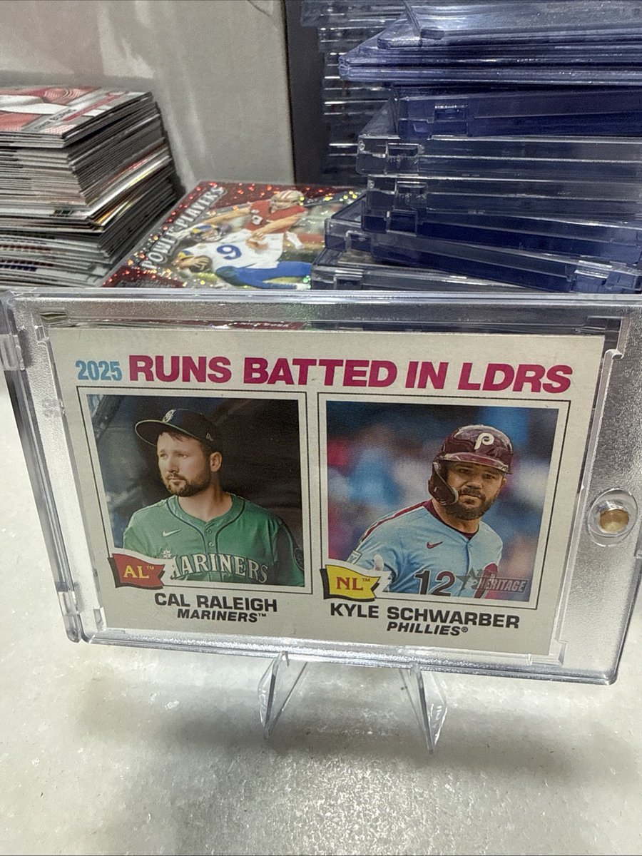 Rmanning81's tweet photo. Cal Raleigh & Kyle Schwarber on the same card?! 👀 The 2026 Topps Heritage RBI Leaders #3 is a must-have. ⚾🔥
#ToppsHeritage #CalRaleigh #KyleSchwarber
https://t.co/1qOOWMyfBX https://t.co/wec4NWTIOJ