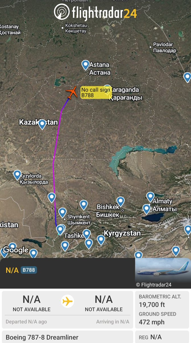 Borrowed7Time's tweet photo. Uzbekistan Govt B787-8 Dreamliner UK001 #507C4F as UZB1 en route from Tashkent to Astana. Pres. Shavkat Mirziyoyev will pay a working visit to Kazakhstan &amp; will take part in the opening ceremony of the third Games of the Future.
@sipjack1776 @LadyAstroJet https://t.co/p5VPo1F8yC