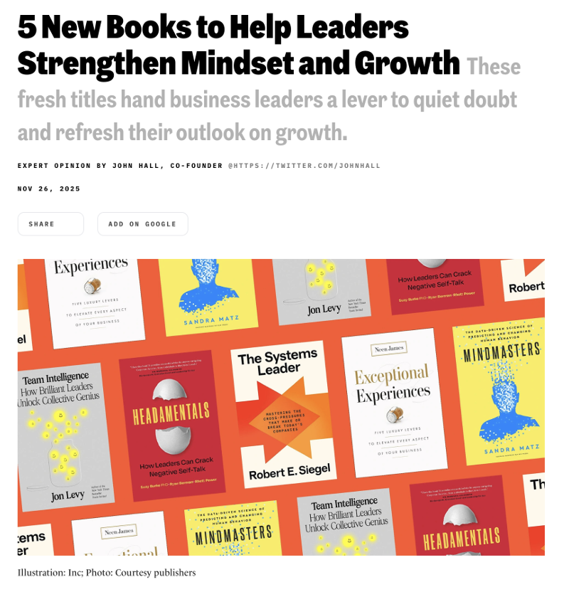 rhettpower's tweet photo. Grateful to see Headamentals featured in Inc. magazine among the books helping leaders strengthen their mindset.

Leadership starts between the ears—and the conversations we have with ourselves shape the culture we create.

https://t.co/UE3cAeMYRa

#Headamentals #MindsetMatters https://t.co/inwxufTAiI