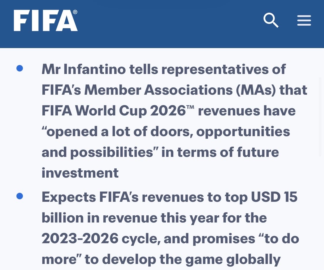 DuncanCastles's tweet photo. Let’s put Infantino’s World Cup sales pitch in context.
• 11 days ago FIFA said it expected its 2023-26 revenues to ‘top $15billion’
• FIFA is currently promising to return $8m to each of 211 member associations over the next 4 years. A total of $1.688billion, or ~11%
• If the member associations agree to Infantino selling the World Cup to the Trump mafia and others, Infantino will increase the payout to $20m each. A total of $4.22bn over the next four years, or ~28%
• The associations can also elect to receive a one-off bonus of $20m each, taking the total payout to $8.44bn over four years. 
• That amounts to around 56% of FIFA’s self-declared revenues for the 2023-26 cycle *before* adding in the further $4.2bn FIFA says it expects to generate by selling the World Cup. 

Setting aside the many, many issues involved in allowing Infantino (or anyone else) to sell football’s crown jewel, this doesn’t even sound like an attractive financial deal…
#OutFantino #ForTheGoodOfTheGame