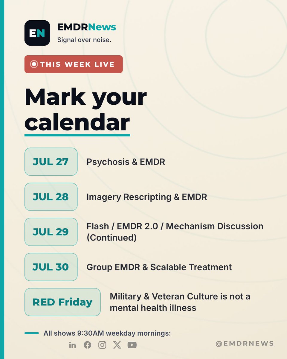 EmdRnews's tweet photo. 5 Episodes of EMDRNews Coming to You Live at 9:30am ET Weekdays
#EMDR #EMDRIA #PTSD #EMDRNews https://t.co/bGDEcrTxqX