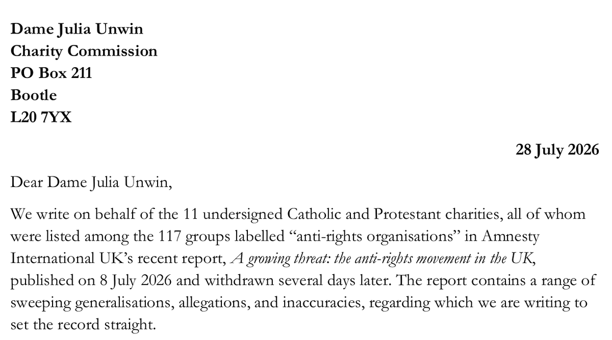 ADFIntl's tweet photo. @AmnestyUK's “anti-rights” report was so bad, they took it down. But we saw it — and we saw its deeply anti-Christian bias.

Yesterday, we sent a letter to @ChtyCommission together with 10 Christian charities targeted by the report, to set the record straight on our mission, values, and contributions to society.