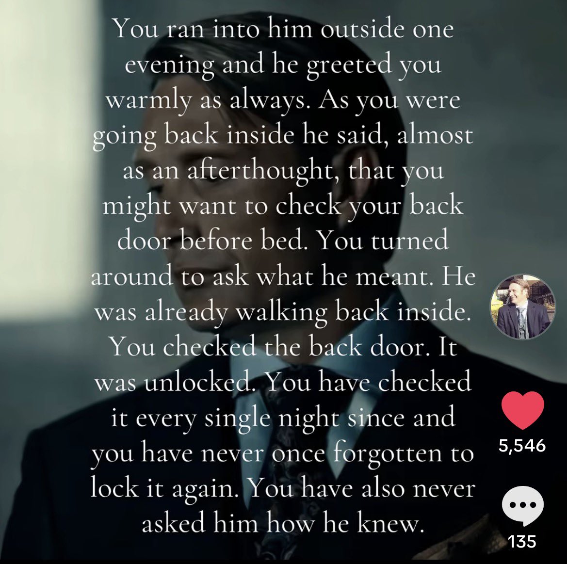 vicjokerera's tweet photo. there’s a “pov: you’re hannibal’s neighbor” headcanon series on tiktok and it just took me on a JOURNEY https://t.co/SJdNaMxhVT
