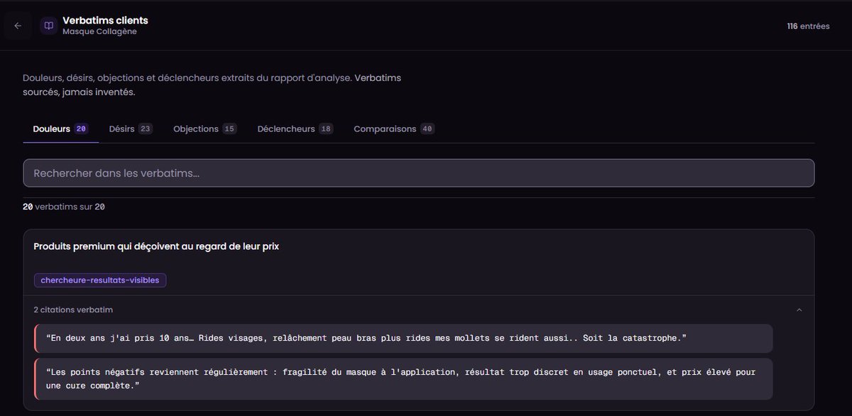oussamablk_'s tweet photo. 5. Et ça continue de tourner sans toi

→ La bibliothèque de verbatims : toutes les phrases de tes clients, classées par douleur, désir, objection, déclencheur et comparaison. Recherchable, copiable direct dans tes pubs et ta page produit. C'est ta matière première copywriting.

→ La veille concurrentielle : détection automatique des changements d'offres, des nouvelles pages produit et des opportunités chez tes concurrents. Chaque faille détectée = un angle pour toi.