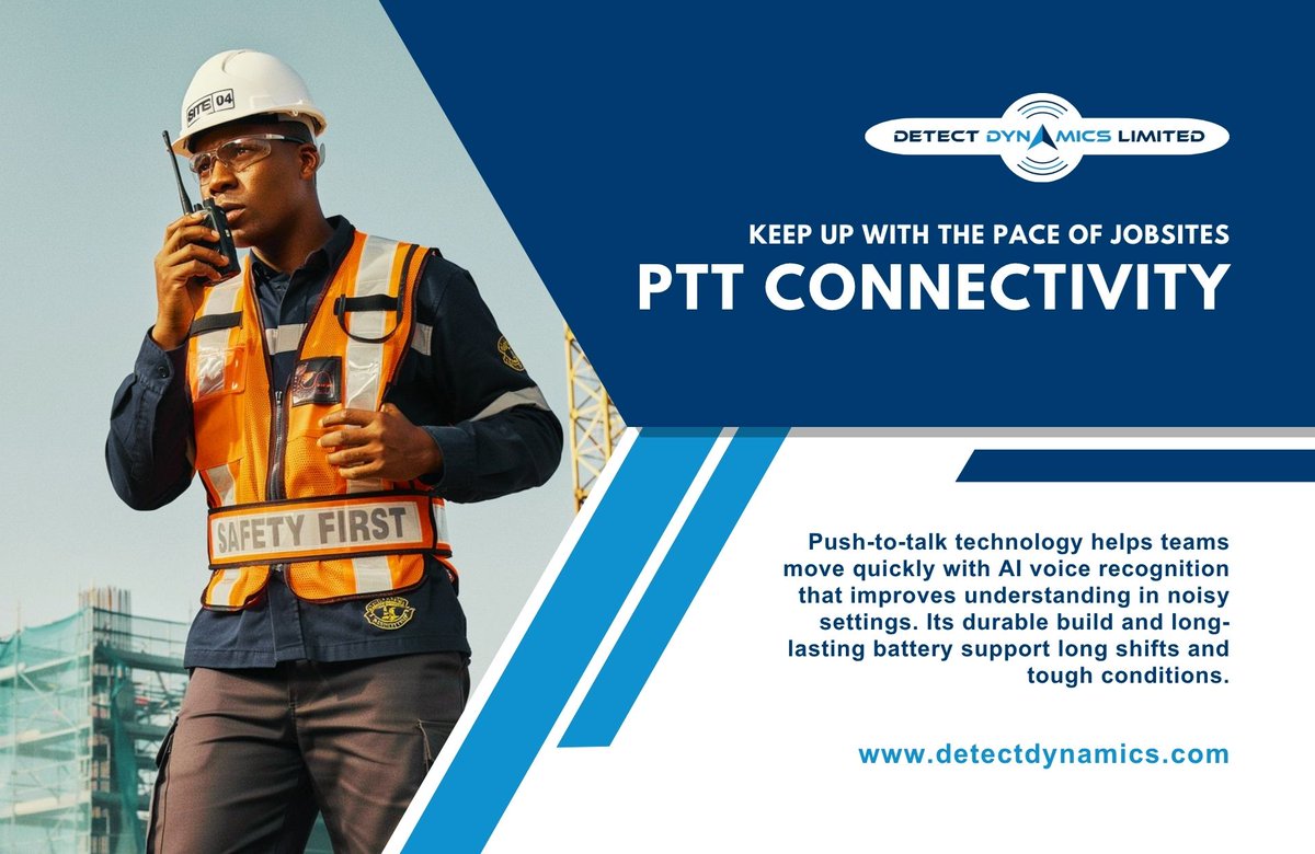 DetectDynamics's tweet photo. Slow comms on a construction site = delays, rework, and safety risks. ❌

Push-to-talk tech fixes that with AI voice recognition, rugged hardware, and long battery life. 🎙️

Your crew deserves tools that keep up. 🏗️

#PushToTalk #ConstructionTech #PTT #JobsiteComms https://t.co/N3iSgGe8wZ