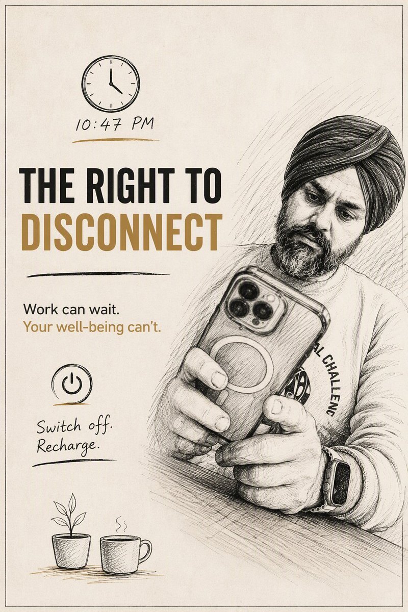 MindfulSandhu's tweet photo. We've become so good at being available...
that we've forgotten how to be unavailable.
The right to disconnect isn't a luxury.
It's a necessity.
Work can wait.
Your wellbeing can't.
#Mindfulness #MentalHealth #RightToDisconnect https://t.co/Qb0LjHUgm9