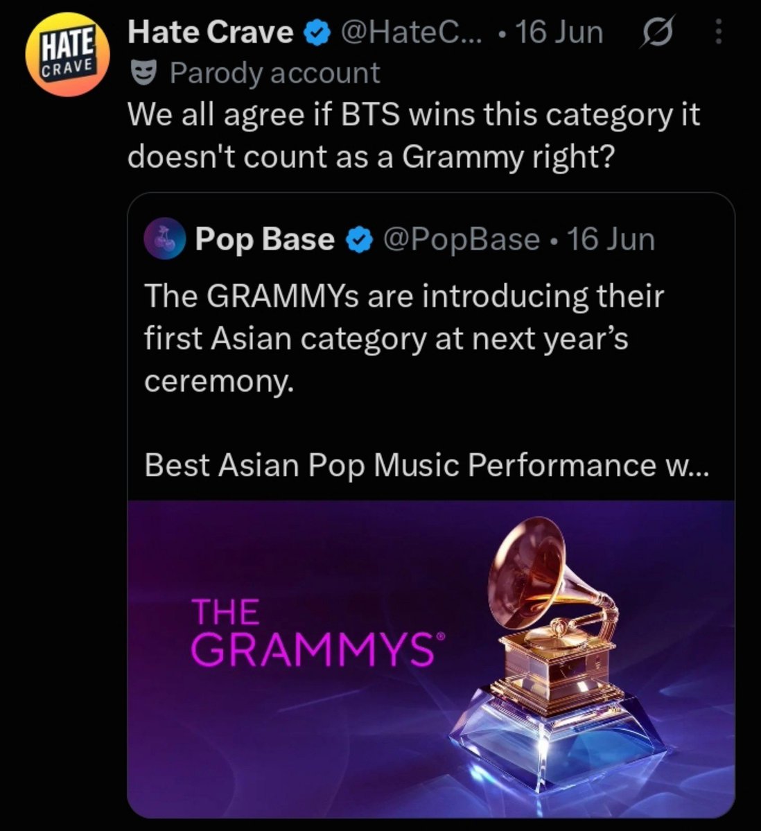 Xlygss99__'s tweet photo. When that category was announced, they were saying that Hybe paid this to help BTS win a Grammy. But now they're coming up with other excuses because it doesn't fit their narrative anymore.😭😭 https://t.co/qVQExd5G1m