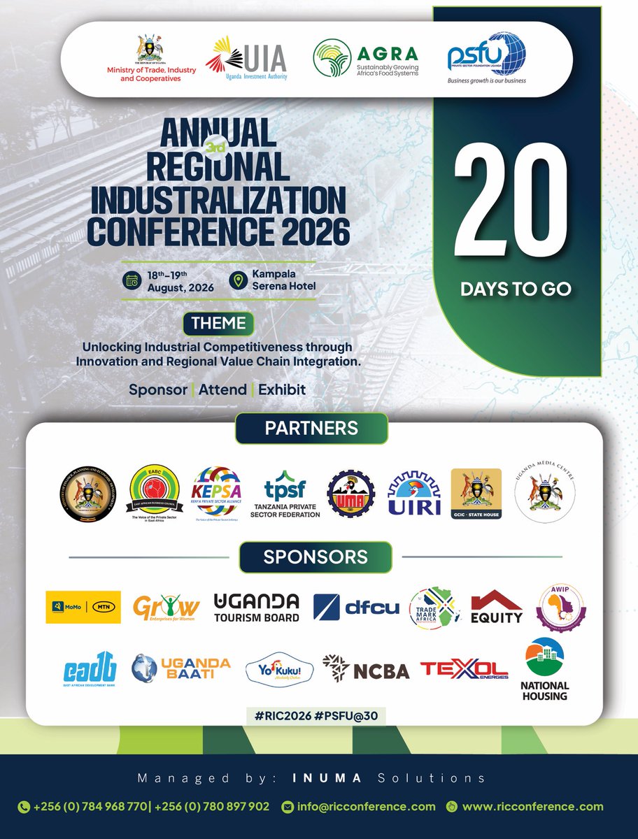 RICCONFERENCE's tweet photo. Members of @PSF_Uganda @KEPSA_KENYA @tpsftz @PSF_RWA are entitled to a complimentary delegate per member company to #RIC2026! 

Only catch; they have to register by 6th August 2026! 

Counting down to 18th -19 August 2026 at Kampala Serena hotel @kampalaserena https://t.co/VRFrSYiotY