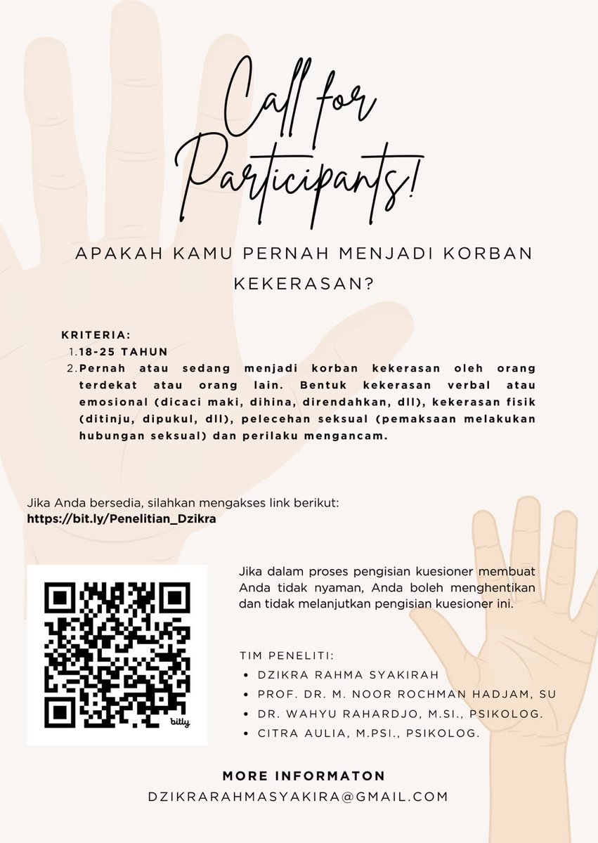 f1sika's tweet photo. tolong bantu semisal sesuai dengan kriteria di bwh ini krn butuh 150+ responden lg
1. Usia 18-25 tahun  
2. Pernah/sedang menjadi korban
kekerasan oleh orang terdekat/orang lain. Bentuk kekerasan verbal atau
emosional, kekerasan fisik, pelecehan seksual, dan perilaku mengancam https://t.co/gIQ32zSqxn