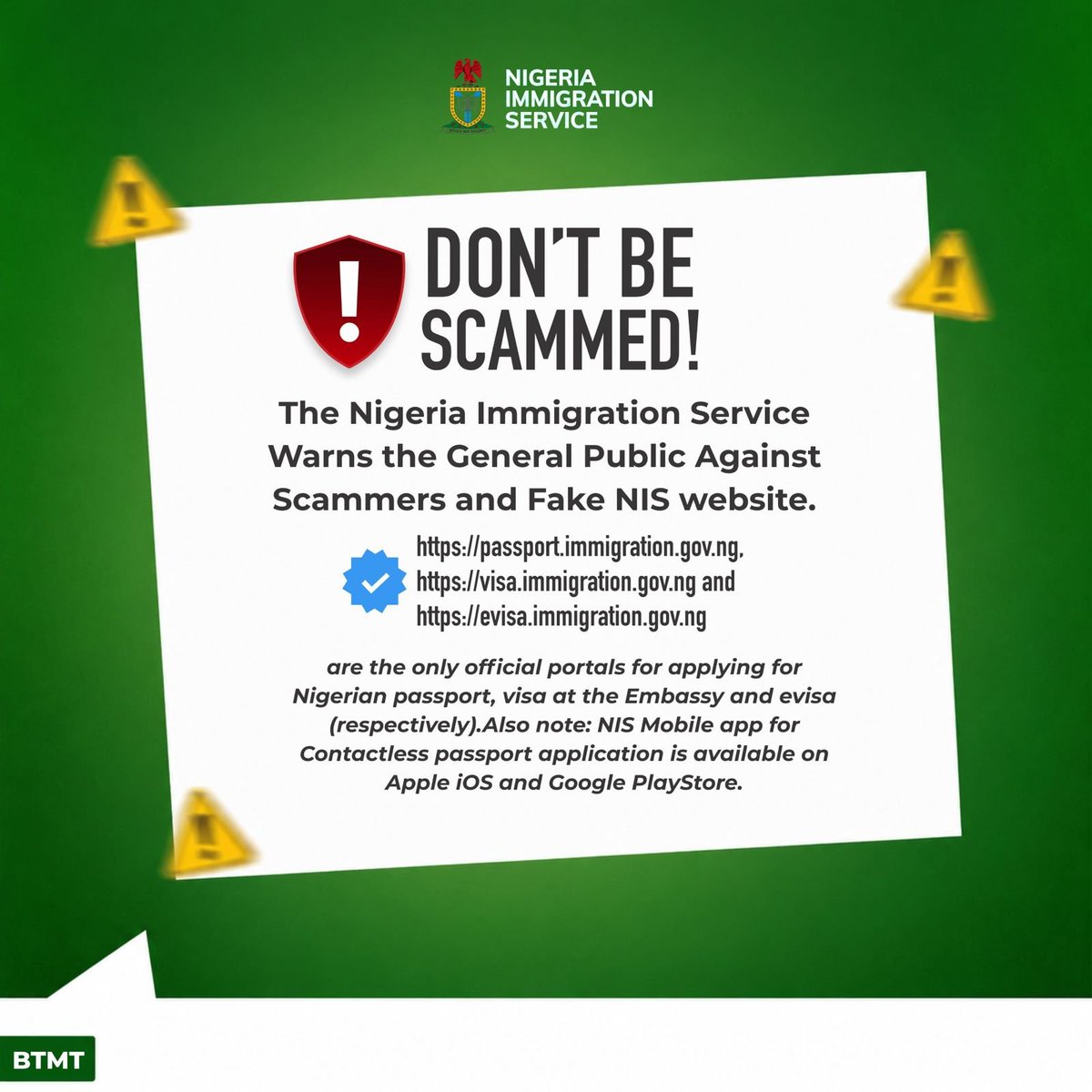 BMB1_Official's tweet photo. The Nigeria Immigration Service wishes to reiterate that the only authorised platforms for passport and visa related payments for Nigerians (at home and in diaspora) and foreigners remain https://t.co/PRHrerMgWG. 
https://t.co/hocXXoXUcJ (for visa at the Embassy)
https://t.co/DuV87AW4PB (for evisa).

At no time has the service partnered with or authorised any religious organisation, private entity or individual to act as intermediary or receiving account on its behalf.

For any complaint, clarification, or assistance or further enquiry relating to passport or visa application, the public is encouraged to reach out to our verified communication channels; 

X (Twitter): @nigimmigration, @InquireAtNaija

Facebook: @nigimmigration

IG: @nigimmigration

WhatsApp: 09160878000, 09117717772

#NIS
#BewareofSCAMMERS