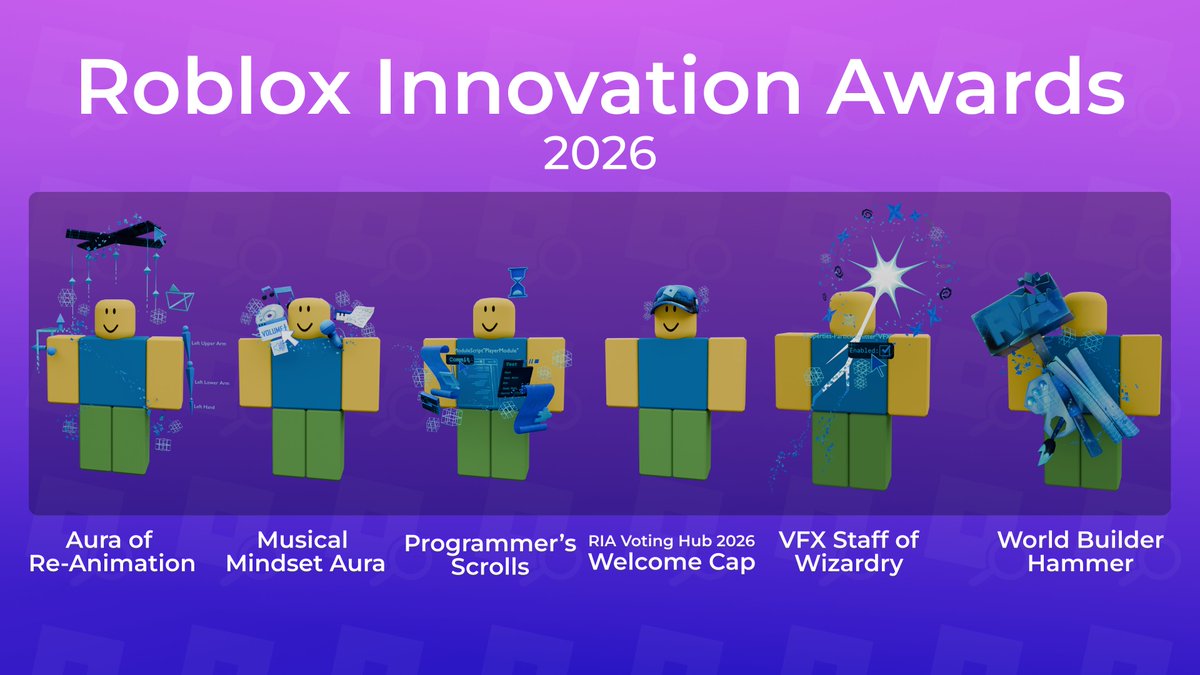 RBXEventHunters's tweet photo. The Roblox Innovation Awards 2026 are getting closer!!

Here are 6 free items that will be obtainable in The Block, which will serve as this year's voting hub https://t.co/AeBK4YAMqg