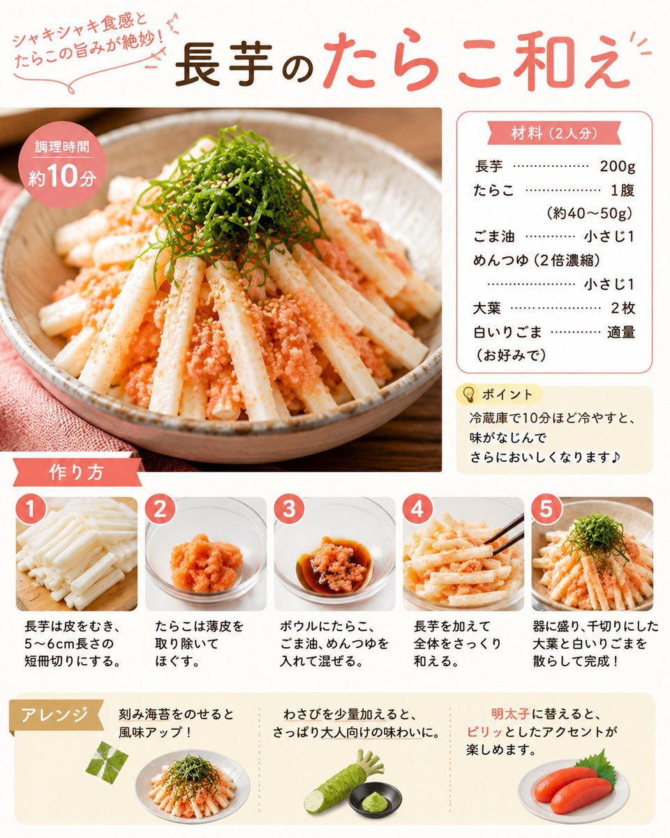 tunamayo030's tweet photo. シャキシャキ食感がたまらない✨

#長芋のたらこ和え

あと一品やおつまみにもぴったり！
和えるだけで簡単に作れます😊

#かつ飯レシピ #おうちごはん https://t.co/DZBmbwKSy7