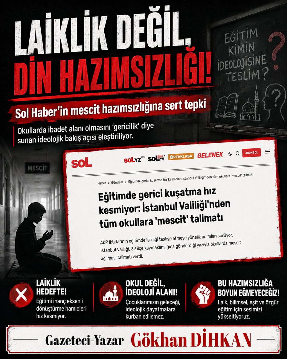 dihkan61's tweet photo. SOL, İSLAM’LA BARIŞMADIKÇA DEVRİMİ ANCAK MEYHANE MASASINDA YAPAR !

Gökhan DİHKAN | Gazeteci-Yazar | Trabzon, 29 Temmuz 2026

Türkiye’de bazı sol çevrelerin değişmeyen bir hastalığı var: Halk adına konuştuklarını iddia ederler ama halkın inancından, ibadetinden, camisinden, mescidinden ve dinî değerlerinden rahatsız olurlar. İşçiyi savunurlar fakat işçinin alnını secdeye koymasını “gericilik” sayarlar. Yoksulun ekmeğini dillerinden düşürmezler fakat o yoksulun cuma namazına gitmesini laikliğe tehdit olarak gösterirler. Halkçılık iddiasıyla ortaya çıkarlar ama halkın büyük çoğunluğunun hayatına yön veren İslam’a karşı tepeden bakan, küçümseyici ve dışlayıcı bir dil kullanırlar.

Sol Haber’de yayımlanan, okullarda mescit açılmasına ilişkin haber de bu köhnemiş zihniyetin yeni bir örneğidir.

Haberde neredeyse her dinî kavramın önüne aşağılayıcı bir sıfat yerleştirilmiş. Mescit yapılması “gerici hamle”, ibadet imkânı sağlanması “dinselleşme dayatması”, manevi değerlerden söz edilmesi “kılıf”, cuma namazına katılmak isteyen öğrencilere kolaylık sağlanması ise “toplu ibadet dayatması” olarak sunulmuş.

İnsanın sorması gerekiyor: Bir okulda mescit bulunmasının kime ne zararı vardır?

Öğrencilerin namaz kılabileceği temiz, güvenli ve uygun bir alan ayrılması neden eğitim sisteminin çöküşü anlamına gelsin? Bir öğrencinin teneffüste veya öğle arasında ibadetini yerine getirmesi hangi bilimsel dersi engeller? Bir okul binasında laboratuvar, kütüphane, spor salonu, kantin, konferans salonu bulunabiliyor da mescit bulununca neden laiklik elden gidiyor?

Burada mesele eğitim değil, açıkça din karşıtlığıdır.

Elbette Türkiye’nin eğitim sisteminde çok ağır sorunlar bulunmaktadır. Çocuk işçiliği, MESEM uygulamalarındaki denetimsizlik, iş cinayetleri, okullardaki şiddet, öğretmen açığı, liyakatsiz yöneticiler, kalabalık sınıflar, yetersiz beslenme, işsizlik korkusu ve geleceksizlik ciddi meselelerdir. Bunların tamamı tartışılmalı, araştırılmalı ve iktidardan hesabı sorulmalıdır.

Fakat bütün bu sorunları saydıktan sonra meseleyi okulda mescit bulunmasına bağlamak aklın değil, ideolojik şartlanmışlığın ürünüdür.

Bir çocuk iş cinayetinde hayatını kaybetmişse bunun sorumlusu mescit değildir. Bir öğrenci mezun olduğunda iş bulamıyorsa bunun sebebi cuma namazı değildir. Okullarda şiddet artıyorsa bunun faili imam değildir. Eğitimde nitelik düşmüşse bunun nedeni öğrencilerin ibadet edebilmesi değildir.

Eğitim sistemindeki bütün problemleri sıralayıp ardından “Okullara mescit yapılıyor” diye feryat etmek, sebep-sonuç ilişkisini tersyüz etmektir. Bu, hastanın ateşini ölçmek yerine odadaki seccadeyi suçlamaya benzer.

Üstelik Sol Haber’in kullandığı dil, Müslüman öğrencileri ve ailelerini daha baştan şüpheli ilan etmektedir. Haberde “ibadet ihtiyacı” ifadesi tırnak içine alınarak adeta böyle bir ihtiyaç yokmuş, tamamen uydurulmuş gibi davranılıyor.

Oysa ibadet, milyonlarca insan için hayatın gerçek bir parçasıdır. Namaz kılmak bir propaganda faaliyeti değil, Müslüman için dinî bir sorumluluktur. Devletin, öğrencilerin inançlarını özgürce yaşayabilecekleri makul alanlar oluşturması, laikliğin ortadan kaldırılması değil; temel hakların korunmasıdır.

Laikliği, insanların dinden arındırılması olarak anlayan zihniyet bu takıntısından bir türlü vazgeçmiyor. Türkiye’deki jakoben sol anlayış, laikliği dinin kamusal alandan kovulması olarak yorumlamaktadır.

Bu anlayışa göre içki içmek çağdaşlık, namaz kılmak gericiliktir. Meyhane kültürü özgürlük, mescit kültürü baskıdır. Bir öğrenci okul çıkışında bara giderse bireysel tercih sayılır; cuma namazına gitmek isterse “dinci kuşatma” diye manşet atılır.

Böyle bir çifte standardın ne özgürlükle ne demokrasiyle ne de halkçılıkla ilgisi vardır.

Gerçek özgürlük, yalnızca seküler yaşam tarzına sahip olanların özgürlüğü değildir. Başörtülü öğrencinin de özgürlüğüdür, namaz kılan öğrencinin de özgürlüğüdür, herhangi bir dine inanmayan öğrencinin de özgürlüğüdür. İnançsız bir öğrenci ibadete zorlanamayacağı gibi, inanan bir öğrenci de ibadetini yerine getirmekten mahrum bırakılamaz.

Mesele bu kadar açık ve basittir.

Elbette hiçbir öğrenci namaza zorlanmamalıdır. Mescit açılması, öğrencilerin fişlenmesine, öğretmen baskısına veya dinî tercihler üzerinden ayrımcılığa dönüştürülmemelidir. İbadet özgürlüğü, ancak gönüllülük esasıyla anlamlıdır. Fakat zorlamaya karşı çıkmak başka şeydir, mescidin varlığına düşmanlık etmek başka şeydir.

Sol Haber’in yaptığı tam olarak ikincisidir.

Haberde “imamların derse girmesi” ile “okullarda mescit bulunması” bilinçli biçimde aynı torbaya dolduruluyor. Böylece okuyucuda, okul binalarının bütünüyle camiye çevrildiği ve öğrencilere zorla ibadet ettirildiği algısı oluşturuluyor.

Oysa mescit, ibadet etmek isteyenlerin kullandığı bir mekândır. Kimseyi kolundan tutup oraya götürmediğiniz müddetçe mescidin kendisi bir dayatma değildir. Nasıl kütüphanenin varlığı herkesi kitap okumaya zorlamıyorsa, spor salonunun varlığı herkesi spor yapmaya mecbur bırakmıyorsa, mescidin varlığı da herkesi namaz kılmaya zorlamaz.

Solun önemli bir bölümü bu ülkede on yıllardır aynı hatayı yapıyor. Halkın inancıyla kavga ederek halkı kazanabileceğini sanıyor. Anadolu insanının değerlerine tepeden bakarak devrimcilik yaptığını düşünüyor. Camiye giden işçiyi “bilinçsiz”, başörtülü kadını “gerici”, Kur’an öğrenen çocuğu “kuşatılmış” olarak görüyor.

Sonra da seçimlerde halktan neden karşılık bulamadığını anlayamıyor.

Çünkü siz halkın ekmeğini savunurken inancına hakaret ederseniz, halk sizin samimiyetinize inanmaz. İşçinin ücretini konuşup secdesini aşağılıyorsanız, emekçinin yarısını görüyorsunuz demektir. Halk yalnızca midesi olan ekonomik bir canlı değildir. İnancı, ahlakı, ailesi, tarihi, kültürü ve manevi dünyası bulunan bir insandır.

Türkiye solu bu gerçeği anlamadığı sürece, halktan kopuk küçük çevrelerin ideolojik konforunda yaşamaya devam edecektir. Devrim söylemini yüksek sesle tekrarlayacak fakat halkın mahallesine, evine, gönlüne giremeyecektir.

Meyhane masalarında ülke kurtarmak kolaydır. Birkaç kadeh eşliğinde devrim nutukları atmak, halkı küçümsemek, dini bütün kötülüklerin kaynağı ilan etmek kolaydır. Zor olan, bu ülkenin inançlı insanıyla eşit ilişki kurabilmek, onun değerlerine saygı göstermek ve onunla birlikte adalet mücadelesi verebilmektir.

Sol Haber’e düşen görev, mescit düşmanlığı yapmak değil, eğitimdeki gerçek sorunları doğru adreslere yöneltmektir. Çocuk işçiliğinin hesabını iktidardan sorsun. MESEM’deki ölümlerin peşine düşsün. Öğretmensiz okulları, aç kalan öğrencileri, tarikatlara teslim edilen yurtları, liyakatsiz atamaları araştırsın. Bunların hepsi gereklidir.

Fakat bütün bunları yaparken öğrencinin seccadesine basmasın.

Çünkü okulda mescit bulunması eğitim sistemini çökertmez. Eğitim sistemini çökerten; adaletsizlik, liyakatsizlik, yoksulluk, plansızlık, denetimsizlik ve siyasi kadrolaşmadır.

Namaz kılan çocuğu gerici ilan ederek ilerici olunmaz. İslam’a hakaret ederek halkçı olunmaz. Müslümanların ibadet hakkını küçümseyerek özgürlükçü olunmaz.

Türkiye solu artık karar vermelidir: Bu ülkenin halkıyla mı barışacaktır, yoksa halkın dinine karşı yüz yıllık kavgasını mı sürdürecektir?

İslam’la, camiyle, mescitle ve Müslüman halkla barışmayan bir solun bu ülkede gerçekleştirebileceği tek devrim, meyhane masasındaki bardakların yerini değiştirmekten ibaret kalacaktır.