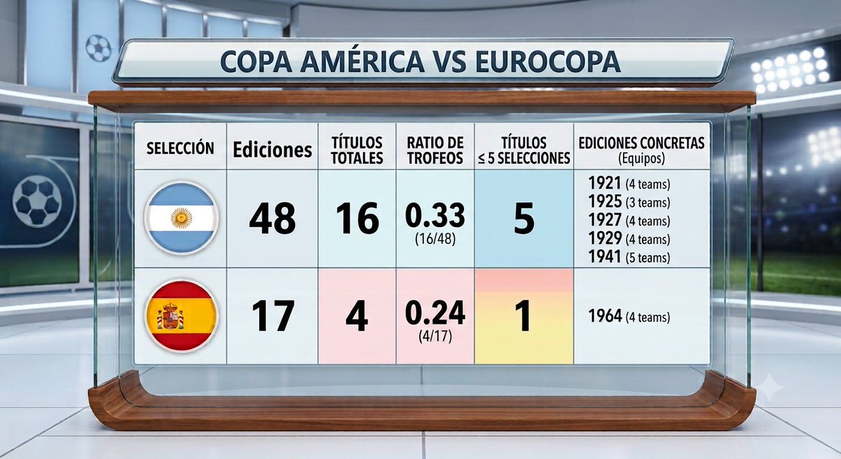 edw4rd77's tweet photo. @KuroPablo_ No puedes comparar la Eurocopa con la Copa América por títulos, dado que una tiene más ediciones que otra.
Sin embargo, Argentina tiene mayor ratio de trofeos ganados.

Este año Europa ha superado a América en mundiales ganados. 13 VS 12. https://t.co/7z4NxYcPaN