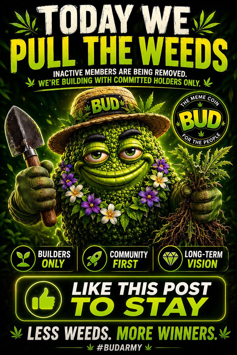 Budmemecoin's tweet photo. Today we’ll be doing a bit of gardening… and trust us, there are a lot of weeds to pull. 🌱🪓

We’ll be clearing out the dead weight because this community isn’t for people looking to make a quick buck, lurking in silence, or only showing up for a quick buck 🌱💚 https://t.co/H7N3iY0UAA