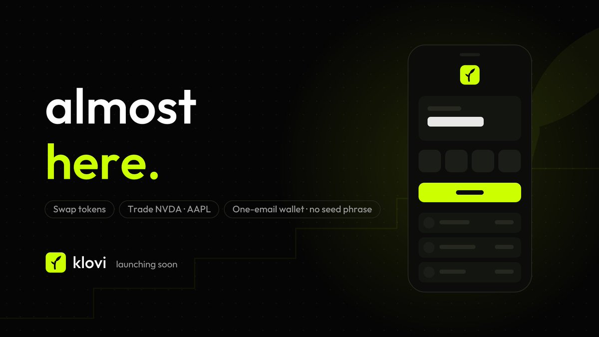 kloviapp's tweet photo. klovi is almost here.

An AI neobank on Robinhood Chain — swap tokens, trade tokenized stocks like NVDA and AAPL, all from a wallet that takes one email to create.

No seed phrases. No luck required.

Launching soon. 🌱 https://t.co/5mcnwi9opj
