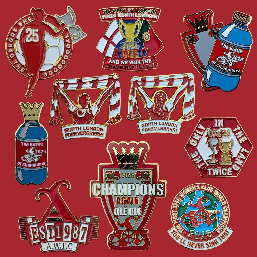 Jolomoco's tweet photo. @87toN5 The full collection of available Arsenal Men and Women's enamel badges from the '87-N5 shop are all here:

UWCL wins
World Champs
North London Forever
AWFC
Premier League

❤️🤍 https://t.co/0sNtDggvDk