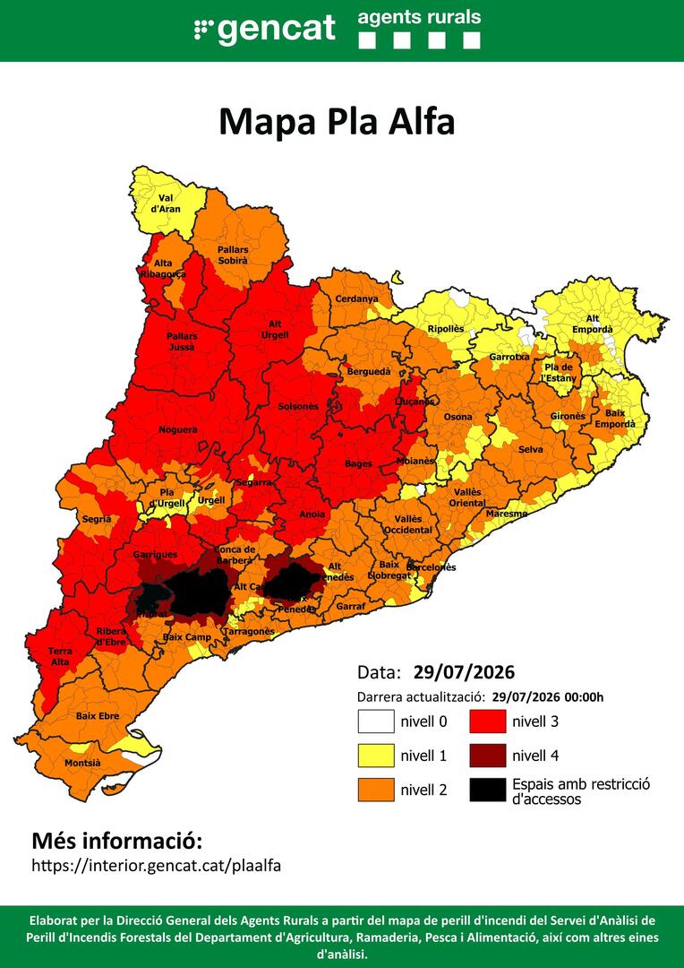 sfadfcat's tweet photo. 🔴Aquest és el mapa del #PlaAlfa d'@agentsruralscat per avui.
   
📍Consulta el mapa per conèixer quin nivell hi ha activat al teu municipi o a la teva comarca⤵️ 

#somADF #somterritori #adfcat https://t.co/yQAYj0BBkF