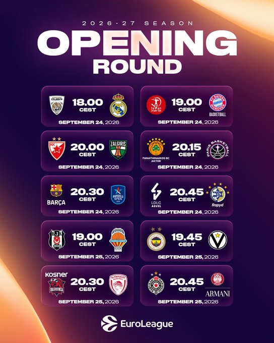 EuroBallin's tweet photo. 🗓️EuroLeague Calendar is Finally Out‼️

👀Opening Round looks pretty good🍿

🇪🇸El Clasico (R15-Dec 3)
🇬🇷Greek Derby (R16-Dec 11)
🇹🇷Turkish Derby (R16-Dec 10)
🇷🇸Belgrade Derby (R7-Oct 22)
🇮🇱Israeli Derby (R11-Nov 12)

🔗Check full calendar here: https://t.co/Wjri96hIRS https://t.co/WzrqXDp9UE