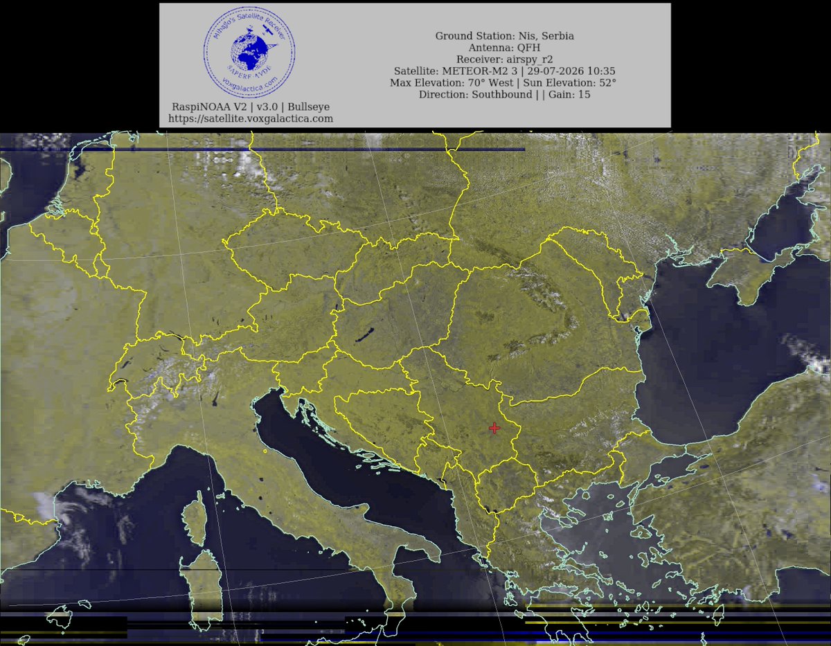 MihajloPi's tweet photo. 🇷🇸Ground Station: Nis, Serbia METEOR-M2 3 29-07-2026 10:19 CEST Max Elev: 70° W Sun Elevation: 52° Gain: 15 | Southbound
#NOAA #NOAA15 #NOAA18 #NOAA19 #MeteorM2_3 #MeteorM2_4 #weather #weathersats #APT #LRPT #wxtoimg #MeteorDemod #rtlsdr #gpredict #raspberrypi #RN2 #ISS https://t.co/nmto6YlmDI