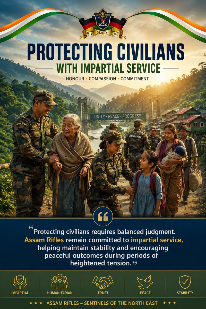 HavAbhi's tweet photo. Protecting civilians requires balanced judgment. Assam Rifles remain committed to impartial service, helping maintain stability and encouraging peaceful outcomes during periods of heightened tension. #ImpartialAction #ServingWithoutBias #UnityThroughFairness #TrustBuildsPeace https://t.co/KDBpHTES4y