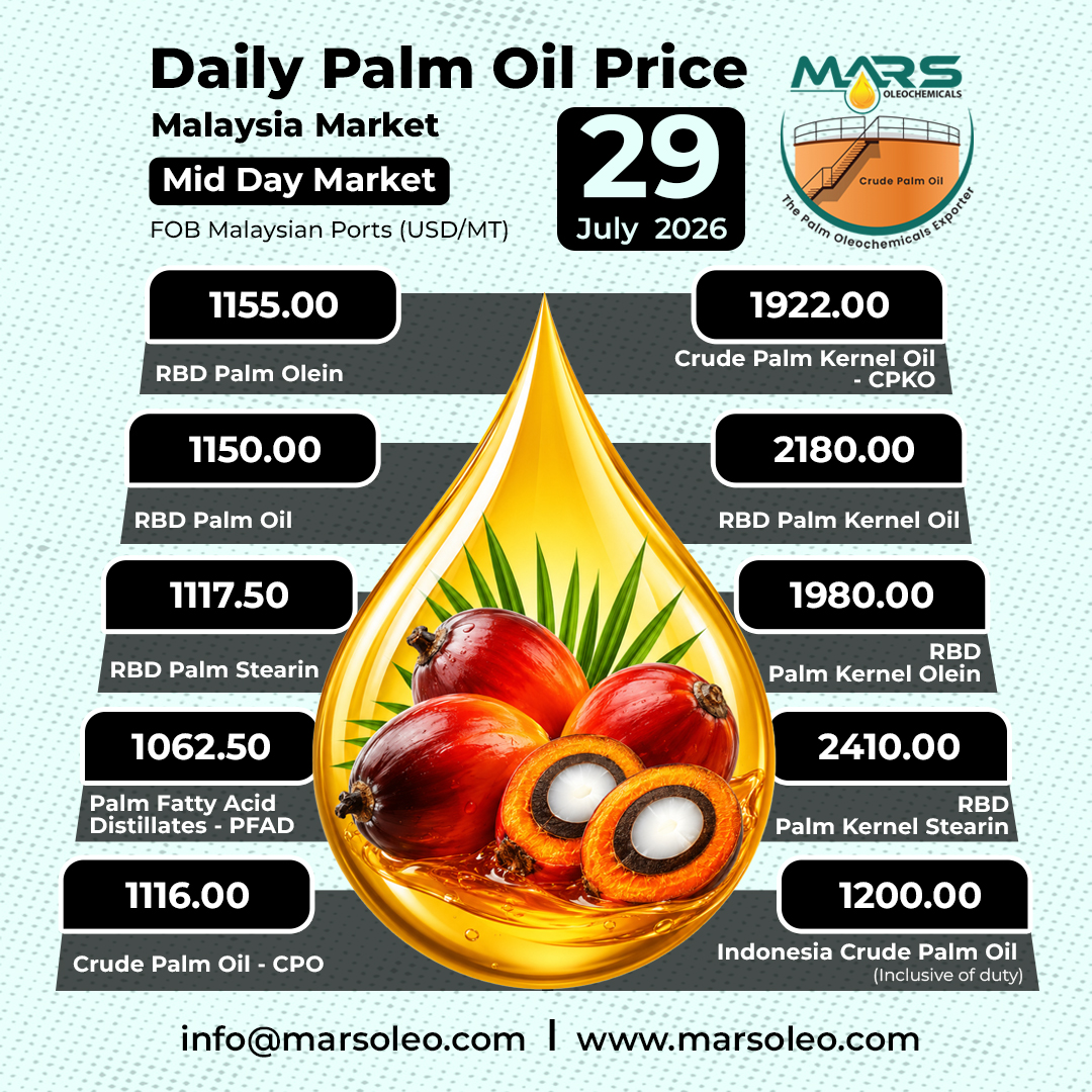 MarsOleochem's tweet photo. 🌴 𝗗𝗮𝗶𝗹𝘆 𝗣𝗮𝗹𝗺 𝗢𝗶𝗹 𝗣𝗿𝗶𝗰𝗲 𝗨𝗽𝗱𝗮𝘁𝗲 – 𝗠𝗮𝗹𝗮𝘆𝘀𝗶𝗮 𝗠𝗶𝗱-𝗗𝗮𝘆 𝗠𝗮𝗿𝗸𝗲𝘁 | 𝟮𝟵 𝗝𝘂𝗹𝘆 𝟮𝟬𝟮𝟲

Stay informed with the latest Malaysian palm oil prices from 𝗠𝗮𝗿𝘀 𝗢𝗹𝗲𝗼𝗰𝗵𝗲𝗺𝗶𝗰𝗮𝗹𝘀, based on 𝗙𝗢𝗕 𝗠𝗮𝗹𝗮𝘆𝘀𝗶𝗮𝗻 𝗽𝗼𝗿𝘁𝘀 𝗶𝗻 𝗨𝗦𝗗 𝗽𝗲𝗿 𝗺𝗲𝘁𝗿𝗶𝗰 𝘁𝗼𝗻𝗻𝗲.

Today’s 𝗺𝗶𝗱-𝗱𝗮𝘆 𝗺𝗮𝗿𝗸𝗲𝘁 𝘂𝗽𝗱𝗮𝘁𝗲 covers key palm oil and palm kernel oil products:
➡️ RBD Palm Olein: USD 1,155.00/MT
➡️ RBD Palm Oil: USD 1,150.00/MT
➡️ RBD Palm Stearin: USD 1,117.50/MT
➡️ Palm Fatty Acid Distillate: USD 1,062.50/MT
➡️ Crude Palm Oil – CPO: USD 1,116.00/MT
➡️ Crude Palm Kernel Oil – CPKO: USD 1,922.00/MT
➡️ RBD Palm Kernel Oil: USD 2,180.00/MT
➡️ RBD Palm Kernel Olein: USD 1,980.00/MT
➡️ RBD Palm Kernel Stearin: USD 2,410.00/MT
➡️ Indonesia Crude Palm Oil: USD 1,200.00/MT, inclusive of duty

𝗠𝗮𝗿𝘀 𝗢𝗹𝗲𝗼𝗰𝗵𝗲𝗺𝗶𝗰𝗮𝗹𝘀 supports international buyers, importers, distributors and manufacturers with reliable market intelligence and export supply solutions for palm oil, palm kernel oil and palm-based oleochemical products.

📩 𝗦𝗲𝗻𝗱 𝘆𝗼𝘂𝗿 𝗿𝗲𝗾𝘂𝗶𝗿𝗲𝗺𝗲𝗻𝘁𝘀: info@marsoleo.com
🌐 𝗩𝗶𝘀𝗶𝘁: https://t.co/t8sSTbNqld

𝘗𝘳𝘪𝘤𝘦𝘴 𝘢𝘳𝘦 𝘪𝘯𝘥𝘪𝘤𝘢𝘵𝘪𝘷𝘦 𝘮𝘪𝘥-𝘥𝘢𝘺 𝘮𝘢𝘳𝘬𝘦𝘵 𝘳𝘦𝘧𝘦𝘳𝘦𝘯𝘤𝘦𝘴 𝘢𝘯𝘥 𝘮𝘢𝘺 𝘤𝘩𝘢𝘯𝘨𝘦 𝘢𝘤𝘤𝘰���𝘥𝘪𝘯𝘨 𝘵𝘰 𝘮𝘢𝘳𝘬𝘦𝘵 𝘤𝘰𝘯𝘥𝘪𝘵𝘪𝘰𝘯𝘴, 𝘢𝘷𝘢𝘪𝘭𝘢𝘣𝘪𝘭𝘪𝘵𝘺, 𝘧𝘳𝘦𝘪𝘨𝘩𝘵 𝘢𝘯𝘥 𝘤𝘰𝘮𝘮𝘦𝘳𝘤𝘪𝘢𝘭 𝘵𝘦𝘳𝘮𝘴.

#MarsOleochemicals #PalmOilPrice #MalaysiaPalmOil #DailyPalmOilPrice #CPOPrice #RBDPalmOlein #RBDPalmOil #RBDPalmStearin #PFAD #PalmKernelOil #CPKO #PalmOilMarket #Oleochemicals #PalmOilExporter #MalaysiaExporter #FOBMalaysia #CommodityPrices #PalmOilIndustry