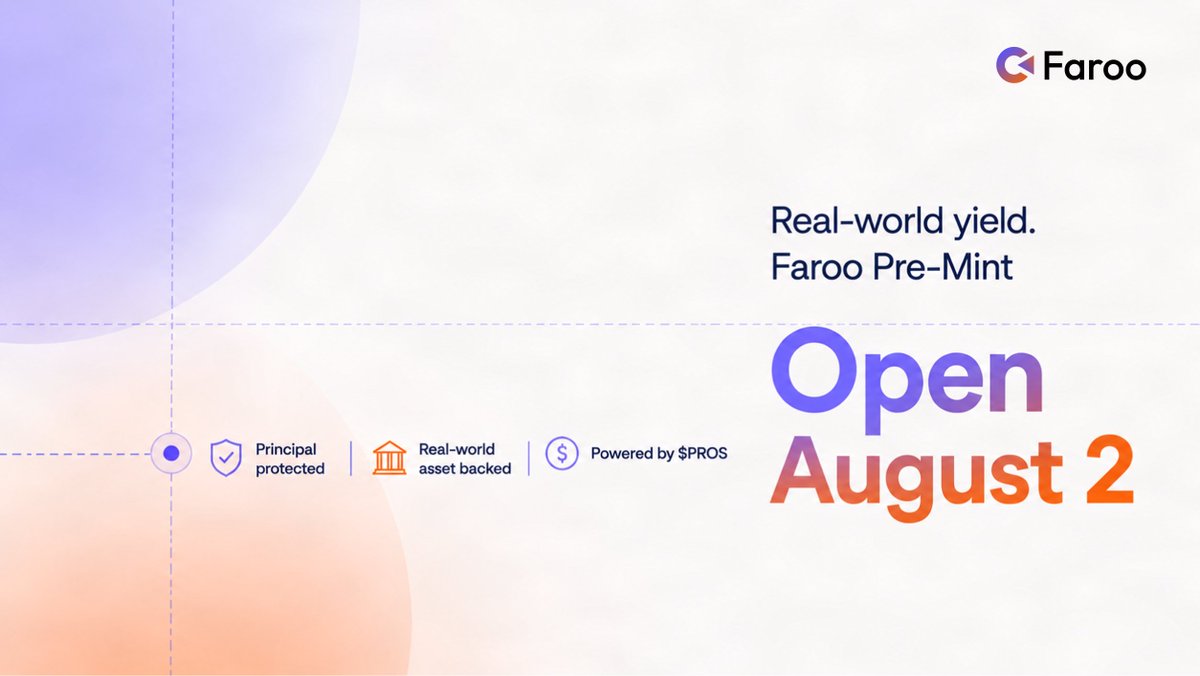 Farooxyz's tweet photo. The final phase of Faroo Pre-mint starts on August 2.

- 1.5M stPROS capacity
- RWA-powered incentives
- stPROS principal protection

Faroo connects on-chain yield with real-world value. https://t.co/cAK07AZOI6
