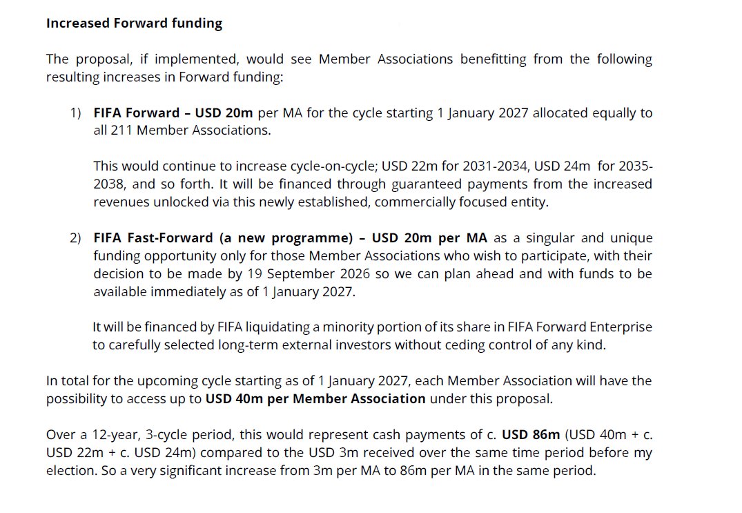 Romain_Molina's tweet photo. Infantino a envoyé une lettre à tous les présidents de fédération en leur donnant jusqu'au 19 septembre pour soutenir son projet de société commerciale/privatisation des revenus (notamment de la Coupe du Monde) en échange de généreuses subventions 

Voici quelques extraits de la lettre sachant que la FIFA ne parle même pas de vote mais simplement d'un soutien (qui dépasse 50%) pour ensuite avoir "l'approbation express" du Conseil de la FIFA

Pour rappel, cet afflux colossal de cash se passe juste avant les élections prévues en mars 2027 ; ce qui doit être un heureux hasard, on imagine...