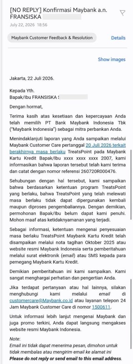 MediaKonsumenID's tweet photo. Seorang nasabah kartu kredit Maybank kehilangan 130.444 TreatPoints yang hangus akibat perubahan kebijakan masa berlaku poin. Padahal ia tidak menerima billing statement sejak April 2025 karena kartunya tidak aktif bertransaksi, sehingga pemberitahuan yang diklaim dikirim lewat nota tagihan Oktober 2025 tidak pernah sampai ke tangannya. Dua kali menghubungi Maybank, jawabannya sama: informasi sudah dikomunikasikan. Tidak ada yang mengecek bahwa billing statement mereka sendiri sudah berhenti dikirim jauh sebelum perubahan kebijakan itu diumumkan. 💳