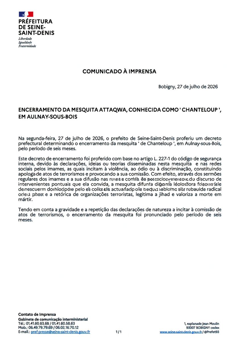 hoje_no's tweet photo. O governo francês está acelerando processos de encerramento de mesquitas conhecidas por incitamento ao ódio e à violência. Algumas dessas mesquitas também são conhecidas por radicalizar jovens e por recrutar terroristas para grupos como o ISIS. https://t.co/KUriQDuKCR