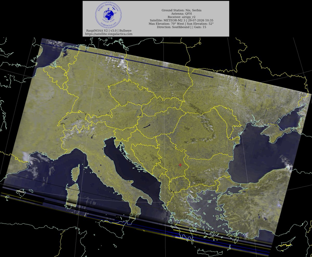 MihajloPi's tweet photo. 🇷🇸Ground Station: Nis, Serbia METEOR-M2 3 29-07-2026 10:19 CEST Max Elev: 70° W Sun Elevation: 52° Gain: 15 | Southbound
#NOAA #NOAA15 #NOAA18 #NOAA19 #MeteorM2_3 #MeteorM2_4 #weather #weathersats #APT #LRPT #wxtoimg #MeteorDemod #rtlsdr #gpredict #raspberrypi #RN2 #ISS https://t.co/nmto6YlmDI