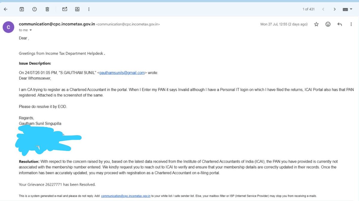 GAUTHAMSUNILS's tweet photo. Please look into this — been stuck for days with no resolution. #ICAI #CA #IncomeTaxPortal https://t.co/jUdJhDPy1G
