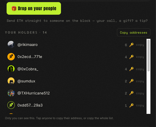 daHoodfun's tweet photo. take care of your people 🎁

run a corner on dahood? you can now:
🔑 see everyone holding your keys
🎁 tip or gift 'em ETH, straight from your bag
📋 copy their addresses - one or all - to run your own airdrops

your call. non-custodial. that's the block.

https://t.co/VRVUBIUSpk https://t.co/YXqrqGm0ZH