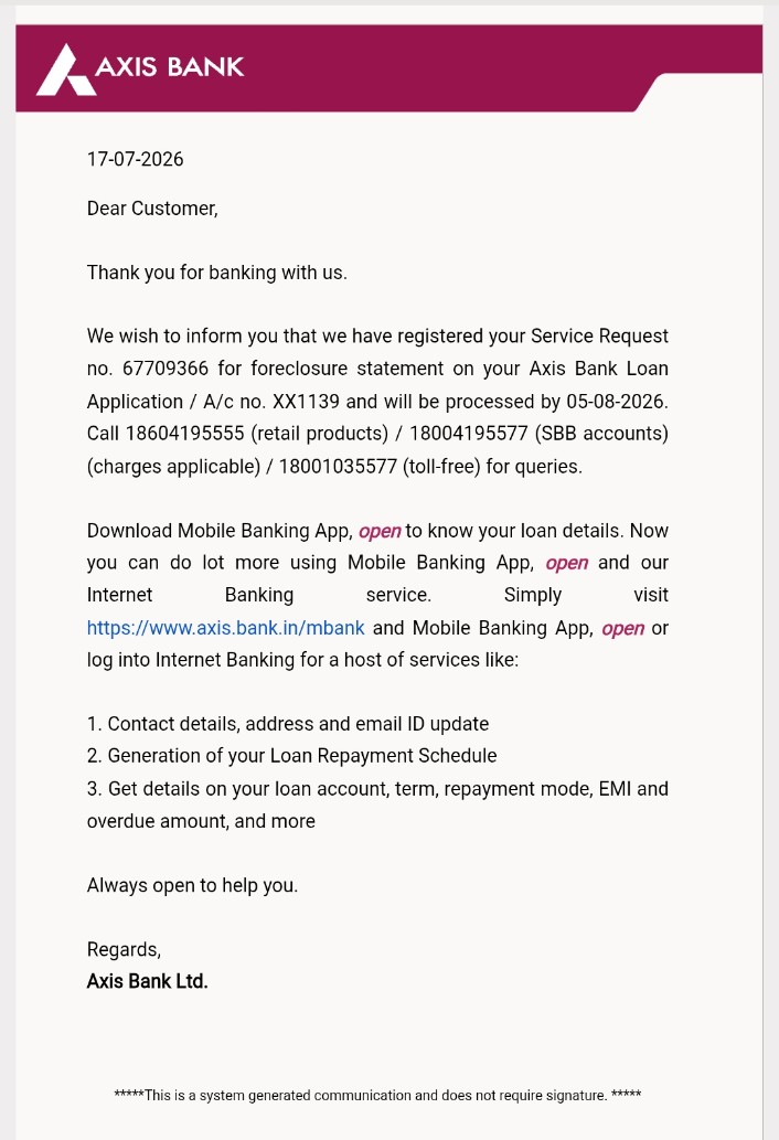 VeerPra85852313's tweet photo. @AxisBank @AxisBankSupport My Friend has Raised Foreclosure Request on 17-07-2026. It is more than 10 days. Foreclosure letter is still not received. Pathetic Service https://t.co/JzK3ZJ73XB