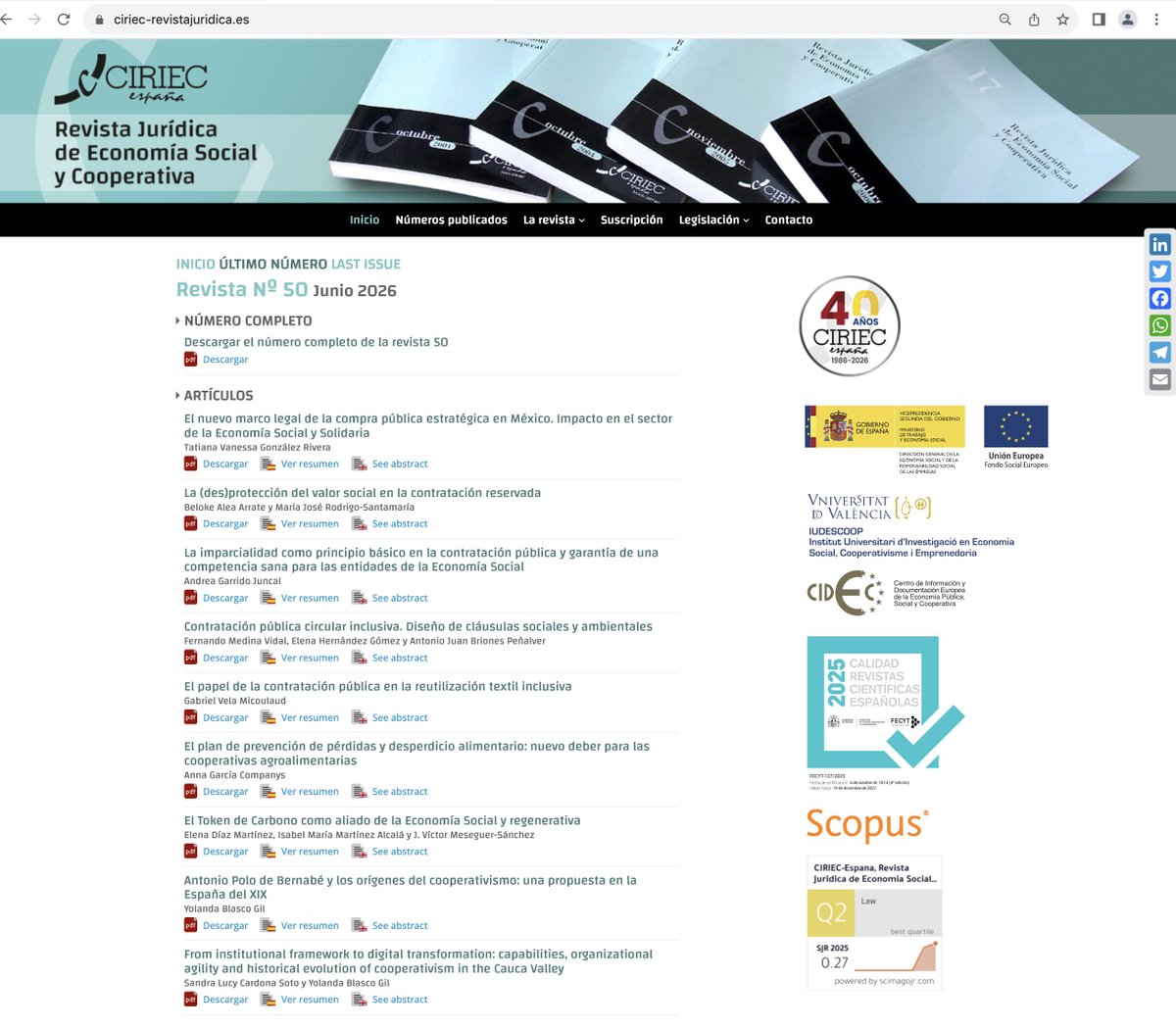 CIRIEC_Esp's tweet photo. Ya disponible el nº 5⃣0⃣ de ‘CIRIEC-España, Revista Jurídica de Economía Social y Cooperativa’
Nuestra enhorabuena a todas las personas que han contribuido a la excelente trayectoria de la Revista, que ha alcanzado este número 50 ¡A por 50 números más! 🤗
https://t.co/2i7albK3vL https://t.co/YqvbO5SUQj
