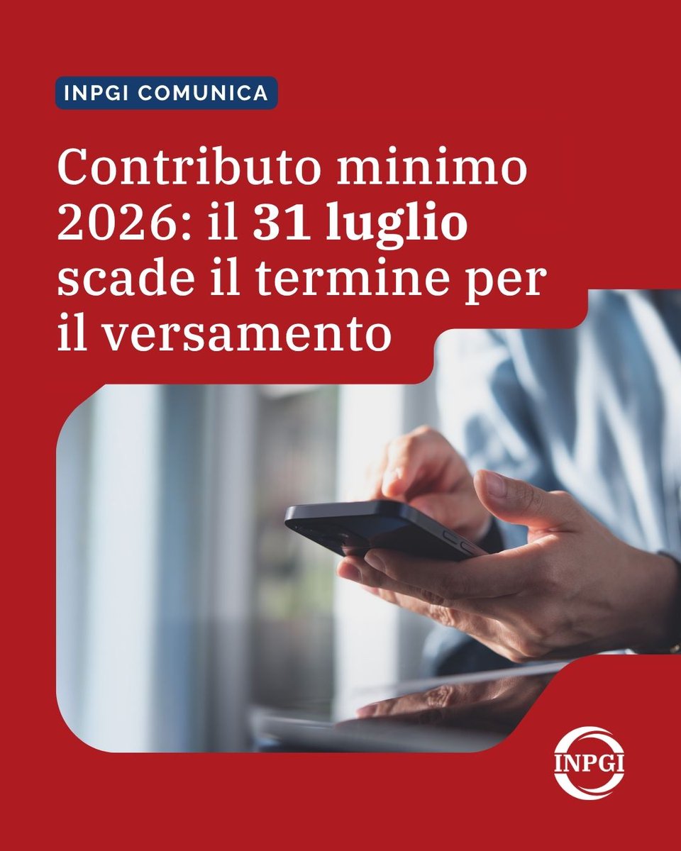INPGI_official's tweet photo. 📅 Promemoria: il #31luglio scade il termine per il versamento del #contributominimo #INPGI 2026 per i #giornalisti che svolgono attività autonoma libero-professionale.

Per chi ha scelto la dilazione, il 31 luglio è anche la scadenza della terza rata.

Tutti i dettagli su 👉https://t.co/NzGmDKLHz8