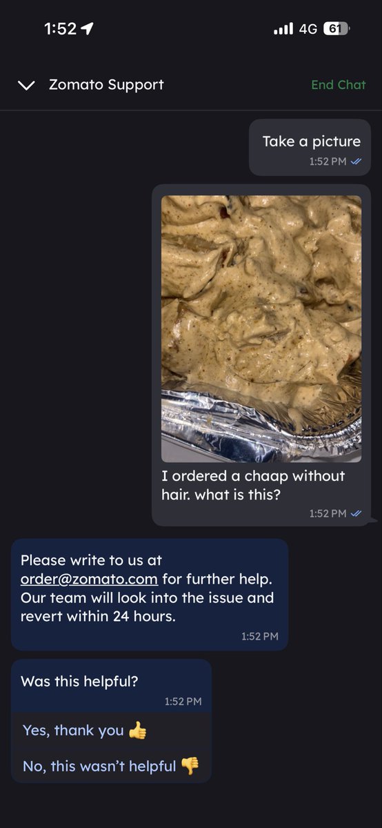 UJJAWALSHARMA07's tweet photo. @zomato @zomatocare @deepigoyal  bhai kesi service h tmhari na tmhara support kch shi respond krta.. chaap order kri thi ye hair wali chaap nahi kri thi…
paise bhi do wait bhi kro or aata kya hai baal wali chaap ..
👏
Ye service provide kra re ho tum.
Order id -#8406796111 https://t.co/rI4l0Yccgc
