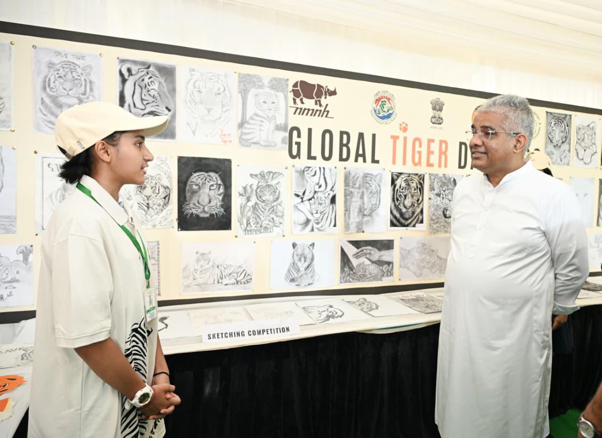 byadavbjp's tweet photo. On the occasion of International Tiger Day, reviewed an exhibition showcasing the finest entries from the painting, sketching, slogan-writing, and mask-making competitions organised for school children across Delhi-NCR on the theme 'Save Tiger'.

A nationwide tiger conservation awareness campaign was also conducted through Eco-clubs under the Ministry's Environment Education Programme, with a special focus on schools located in and around Tiger Reserves.

It was a privilege to interact with these young minds and felicitate the best performers. Their creativity, enthusiasm, and commitment to conservation inspire hope for a future where both tigers and nature continue to thrive.

#IndiaForTigers