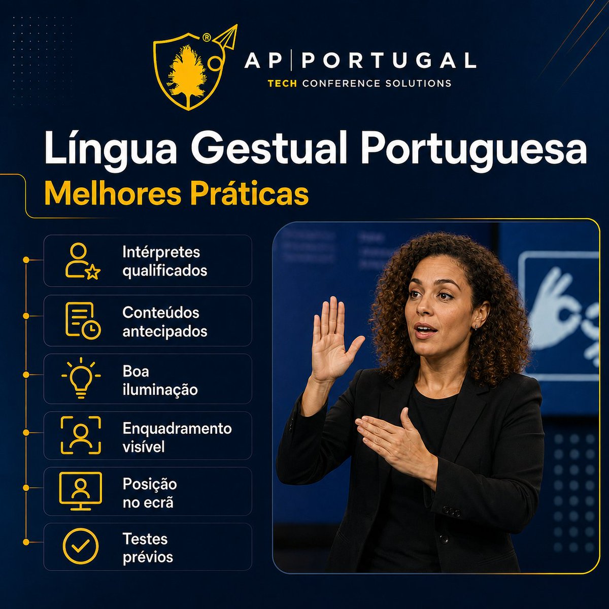 APPORTUGAL's tweet photo. 🤟 A interpretação em Língua Gestual Portuguesa exige preparação e boas condições técnicas. 

Intérpretes qualificados, conteúdos prévios, iluminação adequada, mãos e rosto visíveis, áudio claro e testes técnicos são essenciais. ♿ 

Saiba mais:
https://t.co/M0RtCR0Yuh https://t.co/jhM6iWQX7p