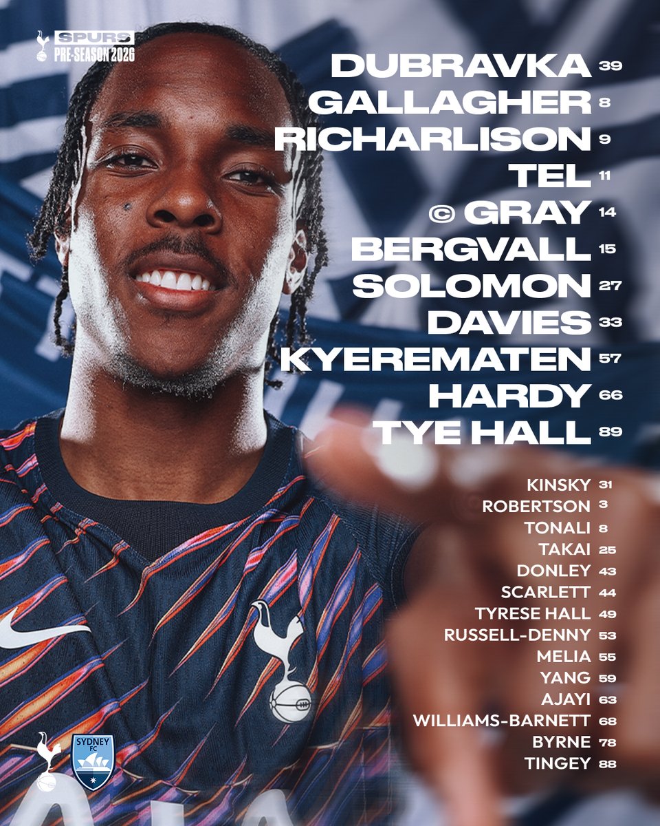 SpursOfficial's tweet photo. Our Spurs XI in Sydney 📋

Watch live on SPURSPLAY!