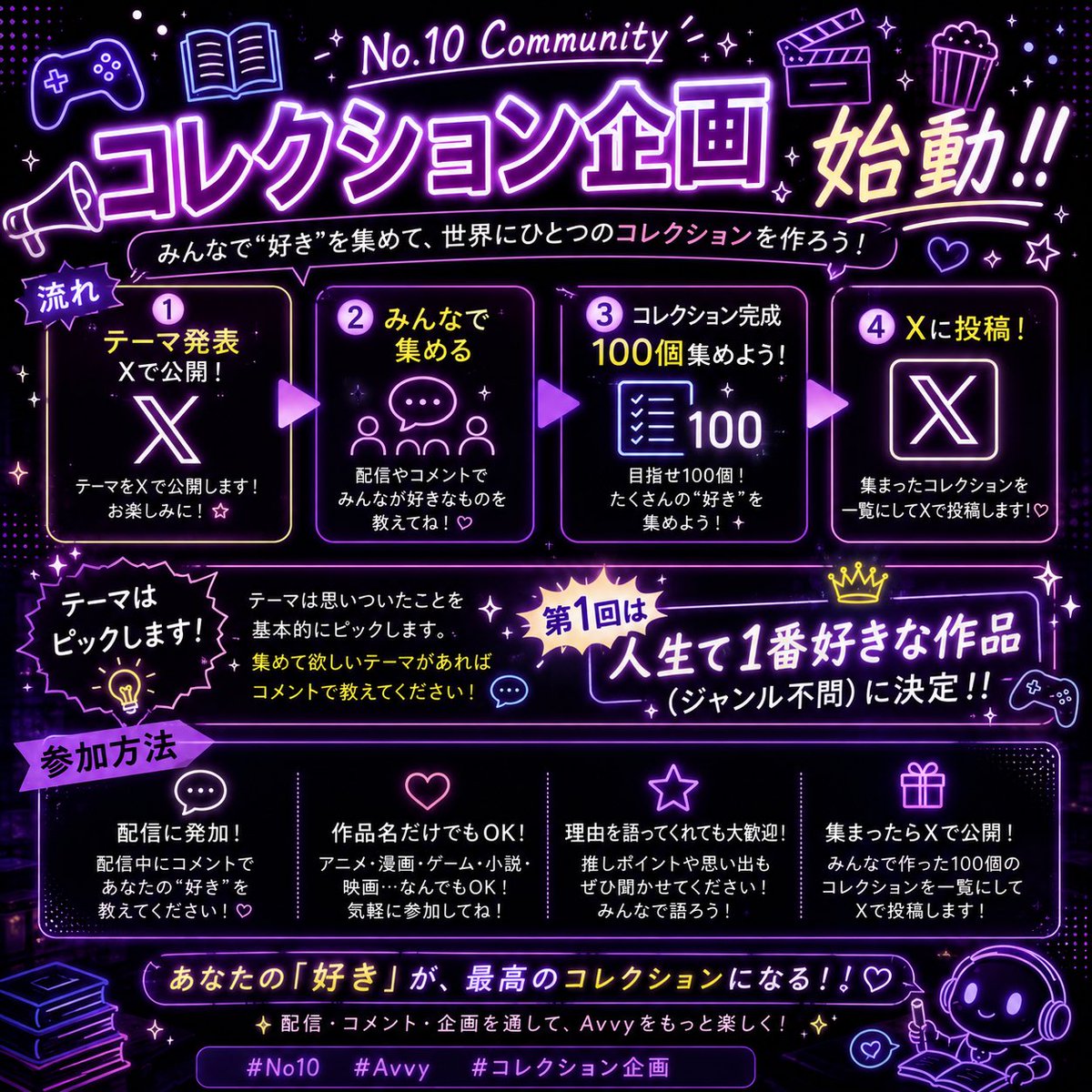 nanba_ten's tweet photo. 今のままだと自分が配信してる感感じないし、イベント参加して行きたいから、コレクション企画をやります！！
期間無制限で、100個集まるまでテーマ変えずにゆっくり集めていこうかなって思ってます😊
8月Avvyイベントはゲーマーズは頑張るぜ！
追加でなにか思いついたらまた言う！ https://t.co/0wCcueZh7D