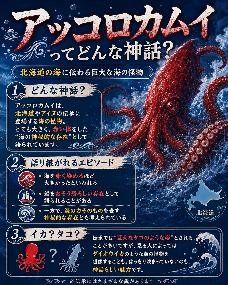 asukaikakoi's tweet photo. 🦑北海道の海に伝わる巨大な怪物「アッコロカムイ」。赤い体と長い腕を持ち、巨大なタコとも、ダイオウイカのような存在とも想像されています。正体は今も謎。あなたはイカ派？タコ派？🐙 #飛鳥フーズ #イカトリビア #アッコロカムイ https://t.co/8DAvkJXG0F