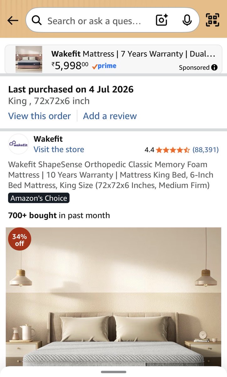 106mayurMD's tweet photo. Shame on @amazonIN &amp; @WakefitCo Ordered a 72×72×6” mattress, got 5���. You advertise “10 Days Replacement” but refused to replace it and forced a return. Your support was rude and disconnected my calls. Why should customers suffer for your mistake? @AmazonHelp @SupportWakefit https://t.co/C5sLpdpSMF