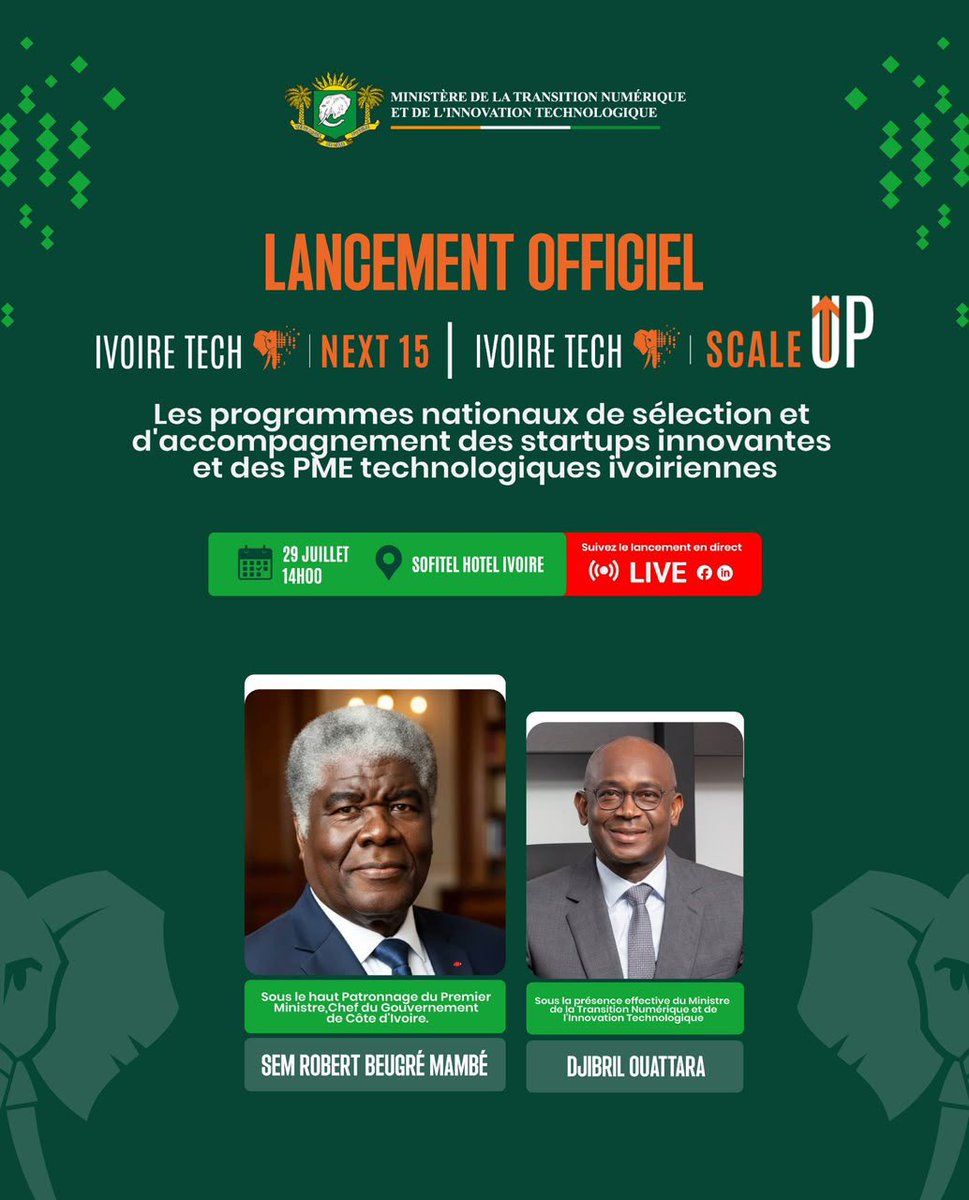 ouatt_djibril's tweet photo. Aujourd’hui à 14h, nous lançons #IvoireTechNext15 et #IvoireTechScaleUp. Deux programmes pour accompagner nos startups et nos PME technologiques dans leur croissance, sous le haut patronage de Son Excellence Robert Beugré Mambé, Premier Ministre 🇨🇮
Suivez le direct.
#Innovation https://t.co/8zjdfvdTlm