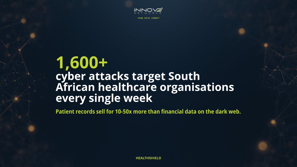 InnovoNetworks's tweet photo. SA healthcare faces 1,600+ cyberattacks a week. 

Patient records sell for 10-50x more than financial data on the dark web.

Is your practice actually protected? 

#Cybersecurity #HealthcareIT https://t.co/0Oq7fFivzc