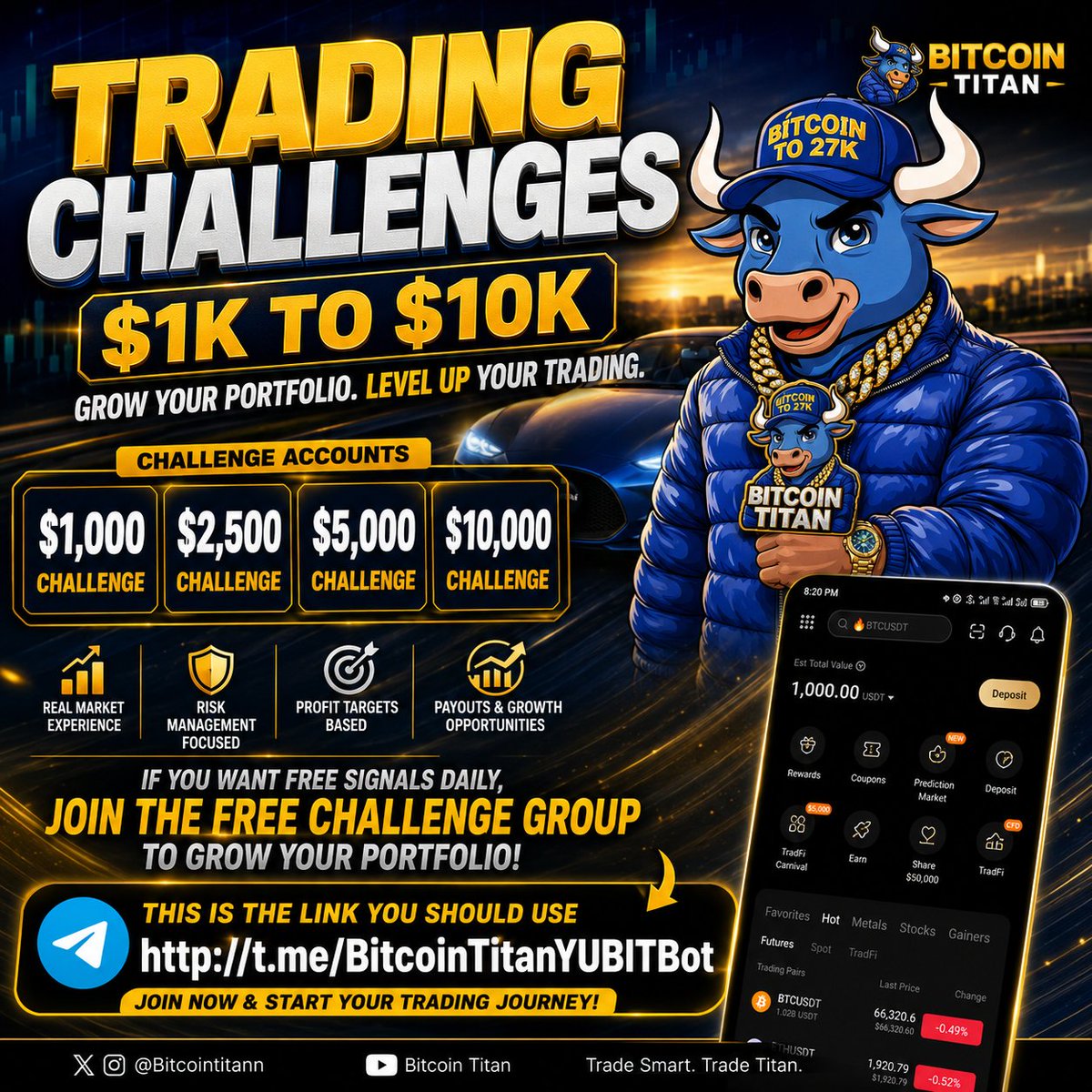 BitcoinTitann's tweet photo. The Trading Challenge have Begin 
A week ago, with the vip we have been printing have to get started on this 
Trade today with Bitcoin Titan and grow your portfolio and increase your Profits Daily 
Daily signals will be dropped for only the people that deposit and want to grow their portfolio @YUBIT_Exchange

Join the Challenge with this Link 👉👉https://t.co/he2ABaQgtY

You can start the challenge with $100 USDT Deposit minimum 
Let's Print Daily ✅